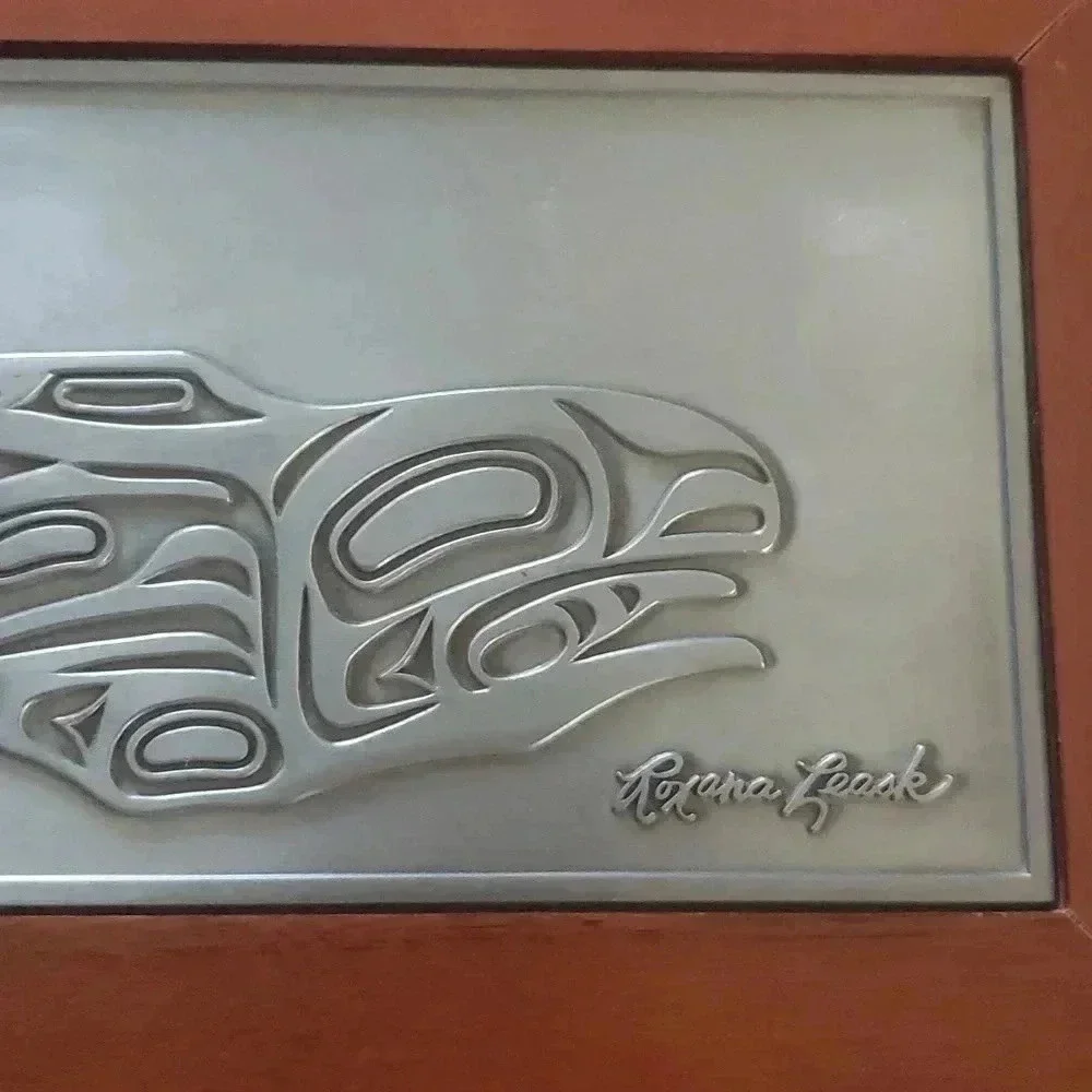 Vintage Roxana Leask Inuit Native Tribal Pewter Wood Inlay Salmon Eagle Box